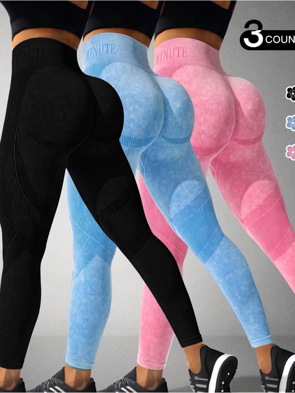 3-Pack Seamless Sculpting Leggings - Black, Light Blue, Pink
